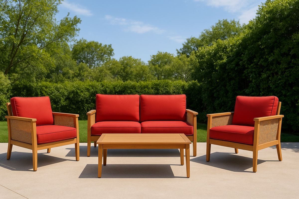 Gartenmöbel-Set aus Holz mit roten Kissen