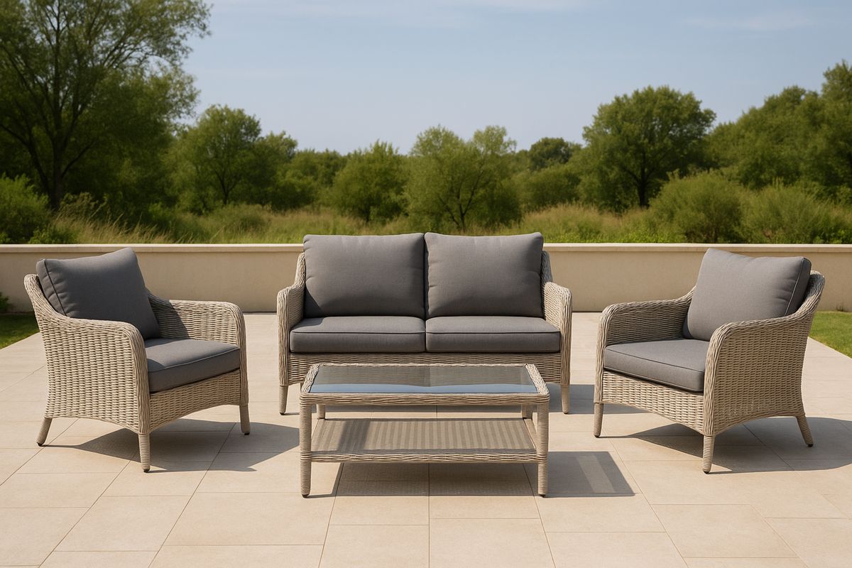 Gartenmöbel-Set aus Polyrattan mit Glasplatte und grauen Kissen 4-tlg.