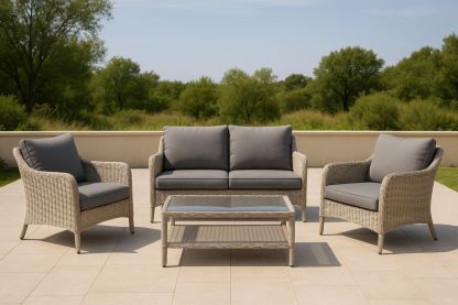 Gartenmöbel-Set aus Polyrattan mit Glasplatte und grauen Kissen 4-tlg.