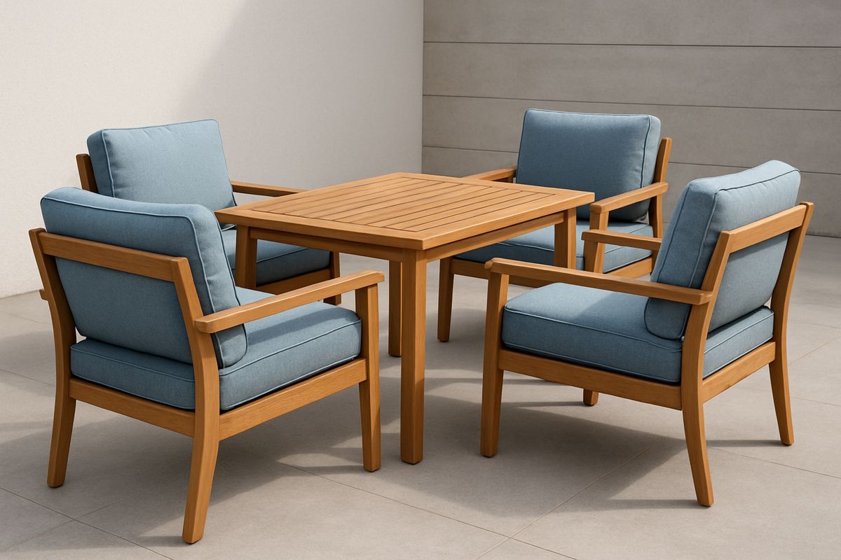 Holz Gartenmöbel-Set mit Tisch und 4 Sesseln, Blaue Stoffkissen