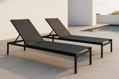 2er Set Metall Sonnenliegen mit Textilene Schwarz 200x65x32 cm