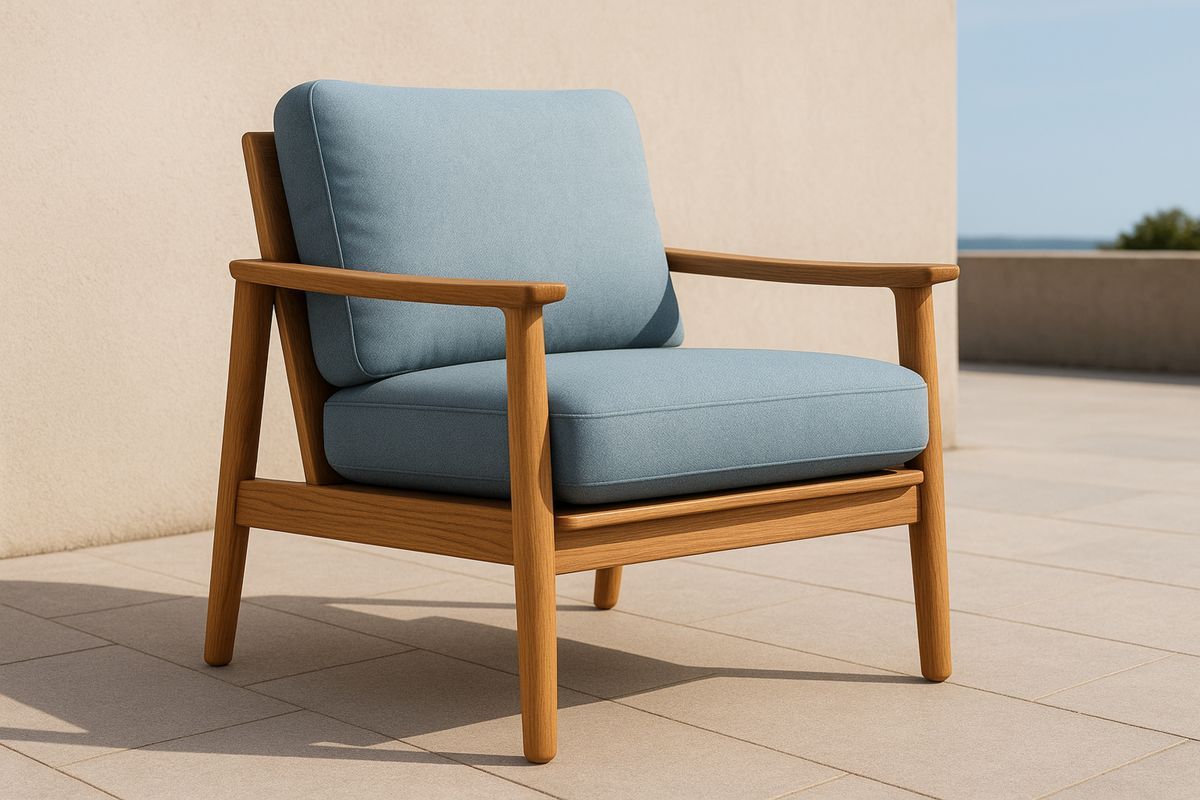 Holz Sessel mit blauen Kissen
