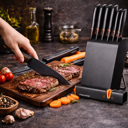 Limitált kiadás: FISKARS® 5 DB-OS KÉSKÉSZLET FISKARS EDGE BLOKKBAN, ÉLES KONYHAKÉS + ÉLEZŐ SZETT