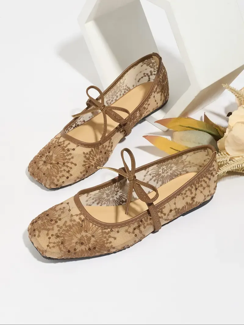 Women's Embroidered Mesh Netted Ballet Flats