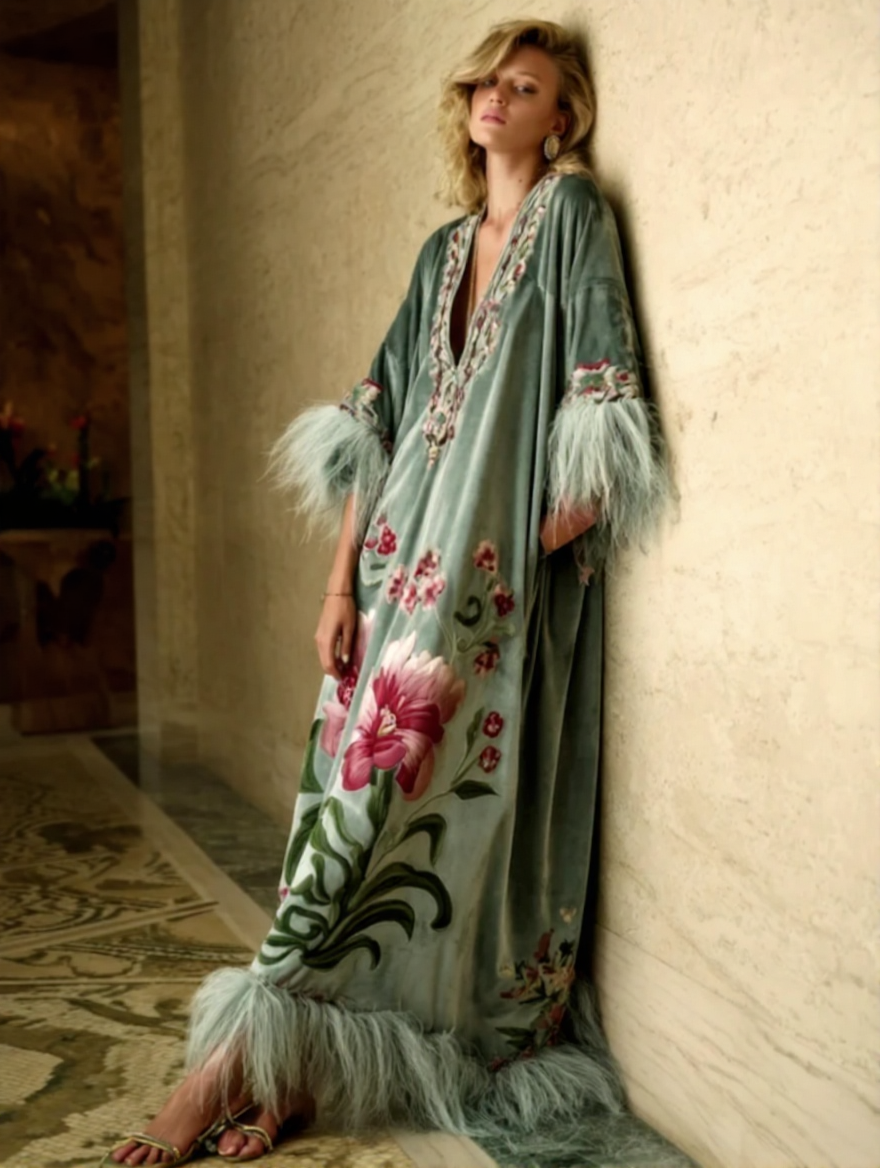 Artistic print V-neck loose-fitting fluffy long robe for autumn and winter