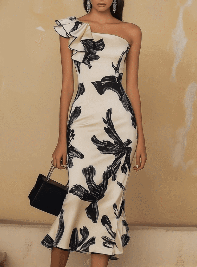 Shipping Off Shoulder Biege Midi Bodycon Dress With Black Elegant Print