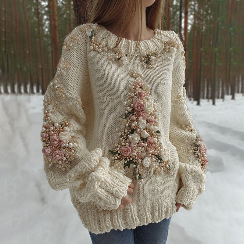 Women's Pearl & Rose Christmas Tree Art Crew Neck Sweater