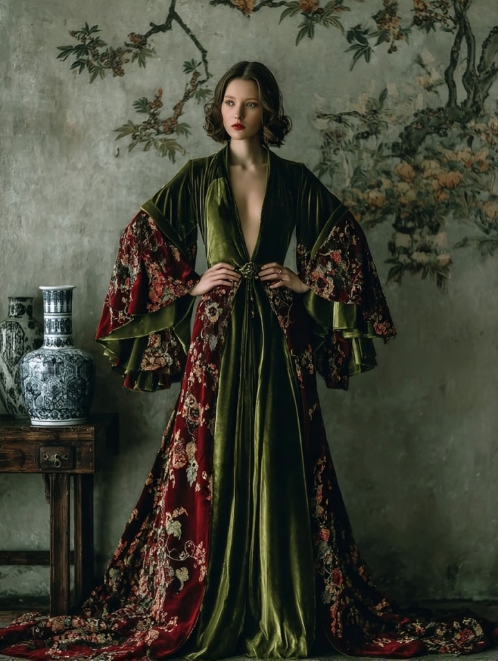 Women's Retro Fit Green Velvet Robe (belt Included)