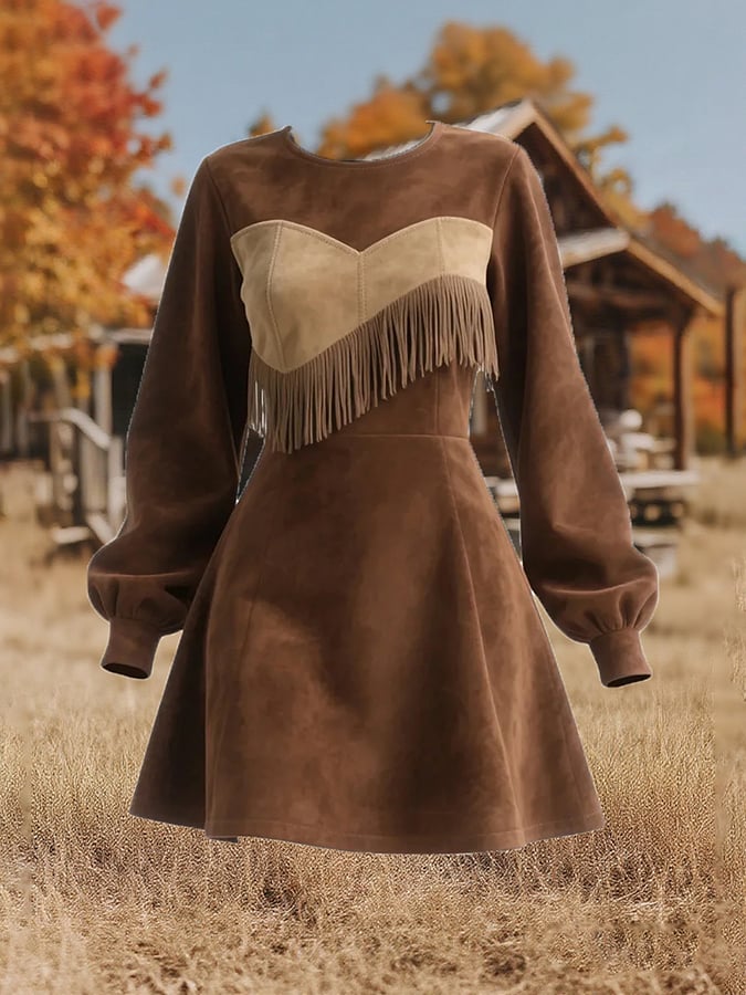 Women's Vintage Round Neck Tassel Dress