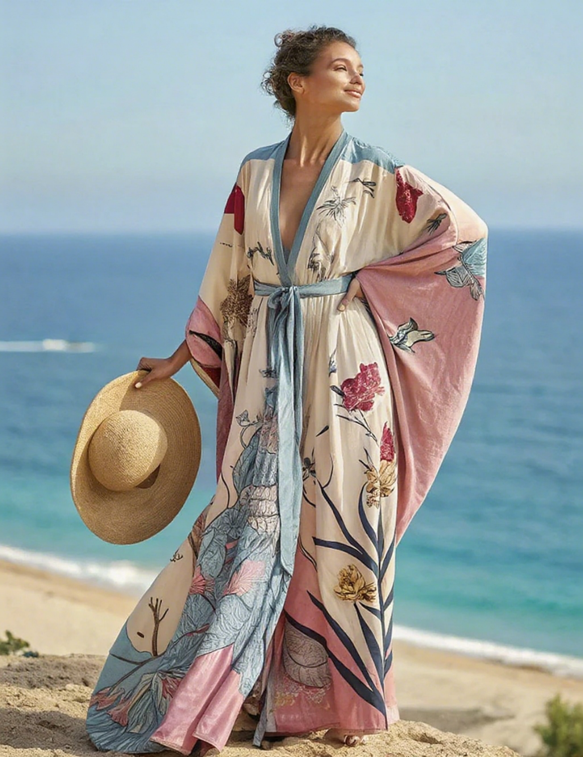 Artistic floral seaside resort pattern kimono robe (with belt)