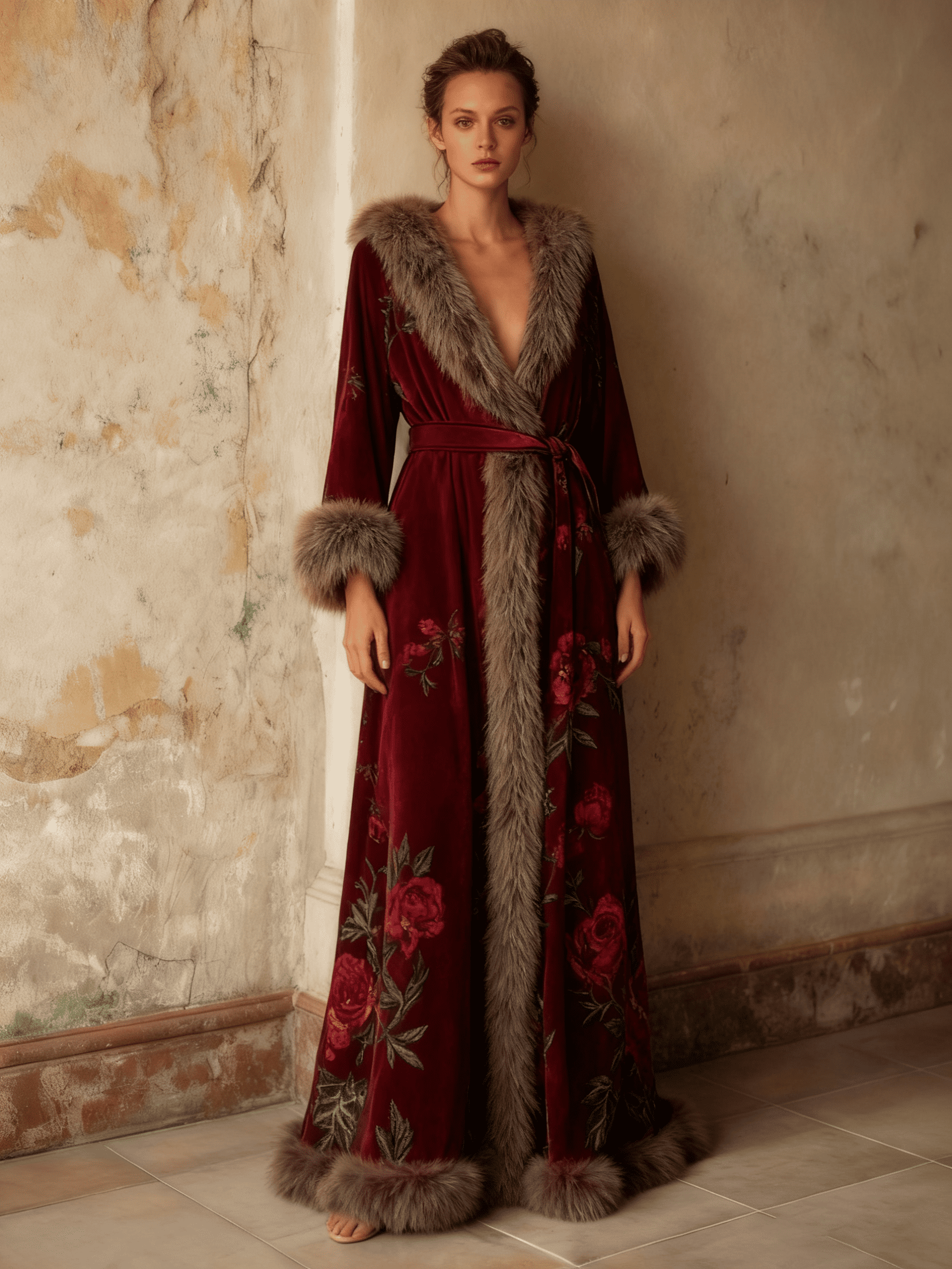 Women's Autumn and Winter Cotton Velvet Blended Robe (With Belt)