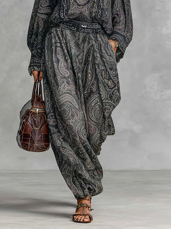 Vintage Paisley Print Long Sleeve Shirt Trousers Two-piece Set