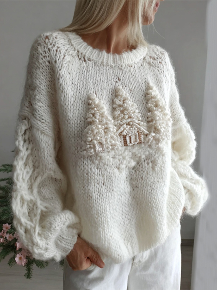 Women's White Christmas Decorations Art Crew Neck Sweater