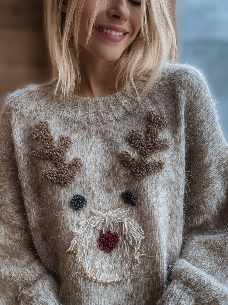 Cute Fuzzy Reindeer Face Embroidered Cozy Knit Sweater