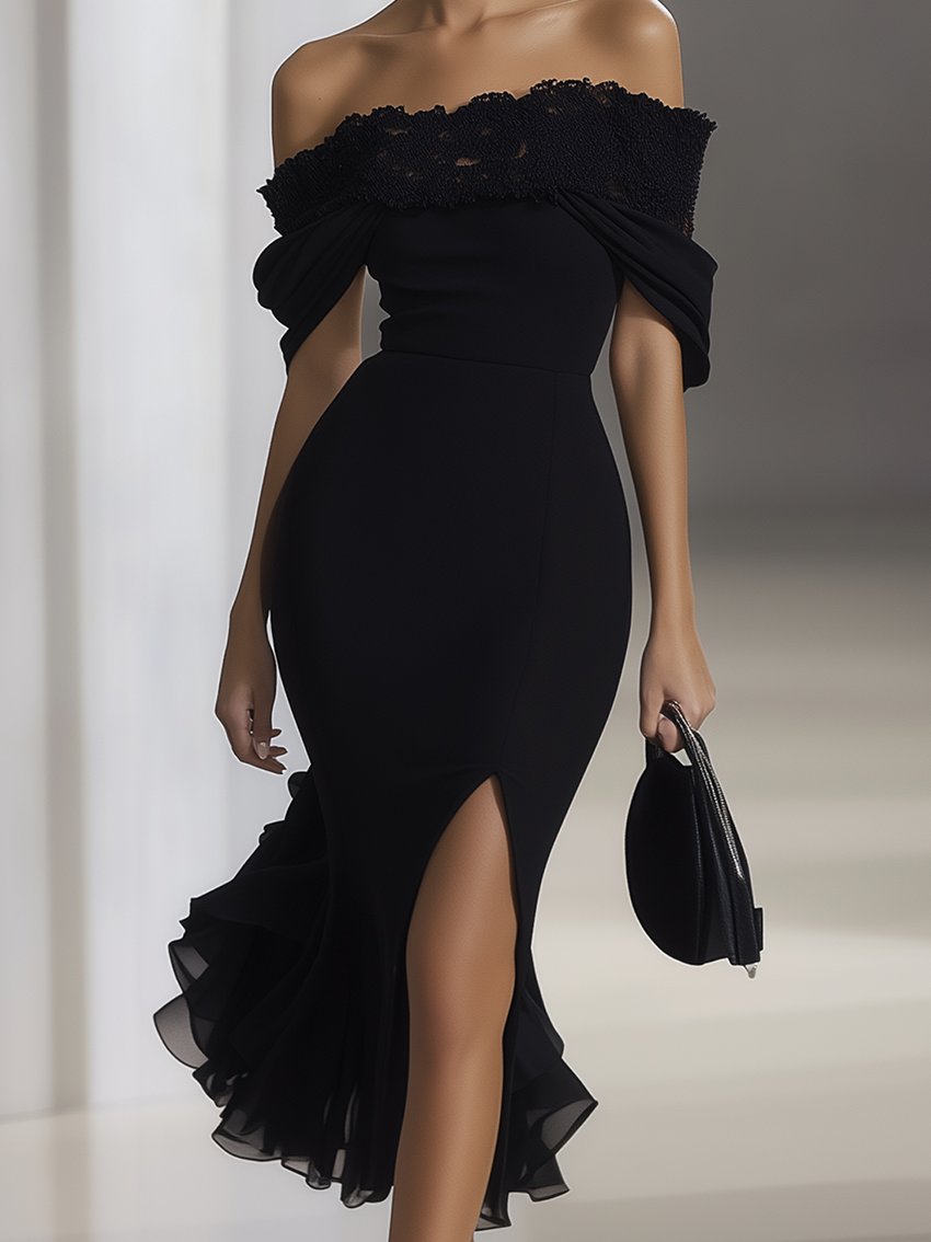 Shipping Off Shoulder Black Chiffon Dress With Lace