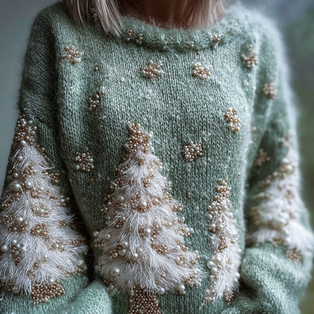 Vintage Pine Trees Embroidered Green Cozy Sweater