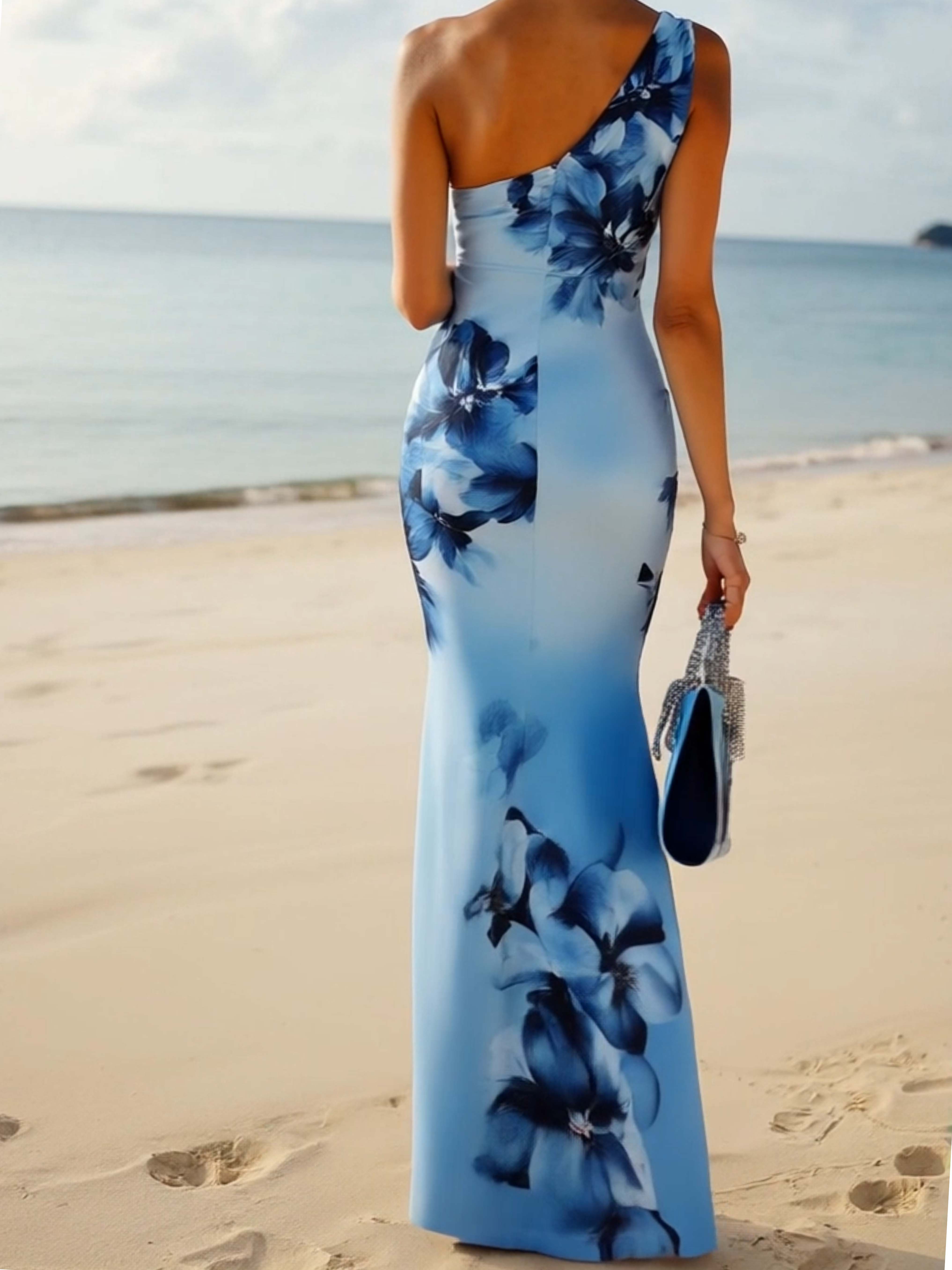 Shipping One Shoulder Light Blue Bodycon Dress With Blue Gradient Floral Print