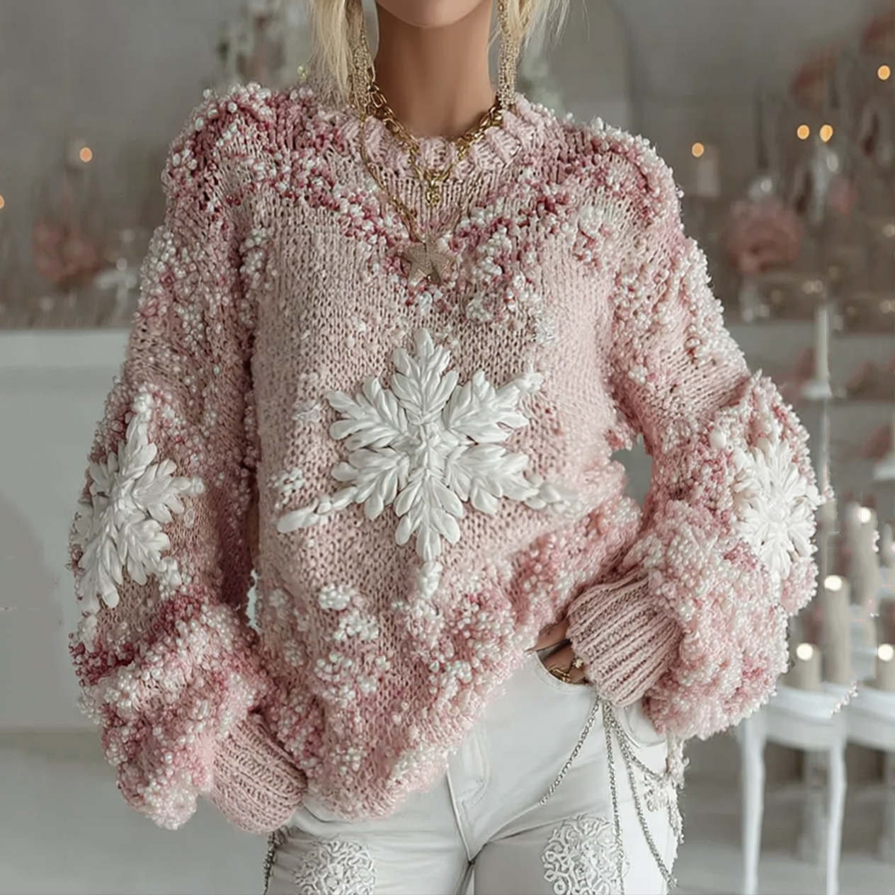 Christmas Pearl Snowflake Crochet Embroidery Knit Sweater