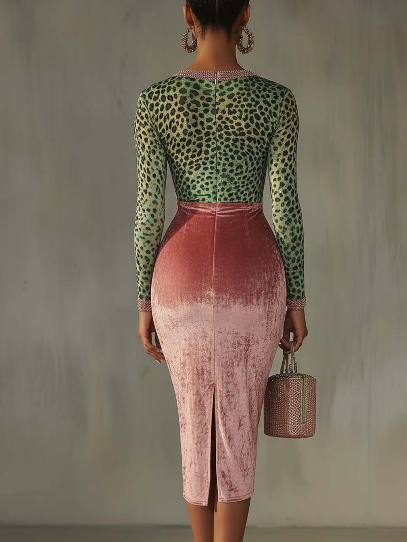 Pink Velvet Bodycon Dress With Patchwork Webbing And Leopard Print