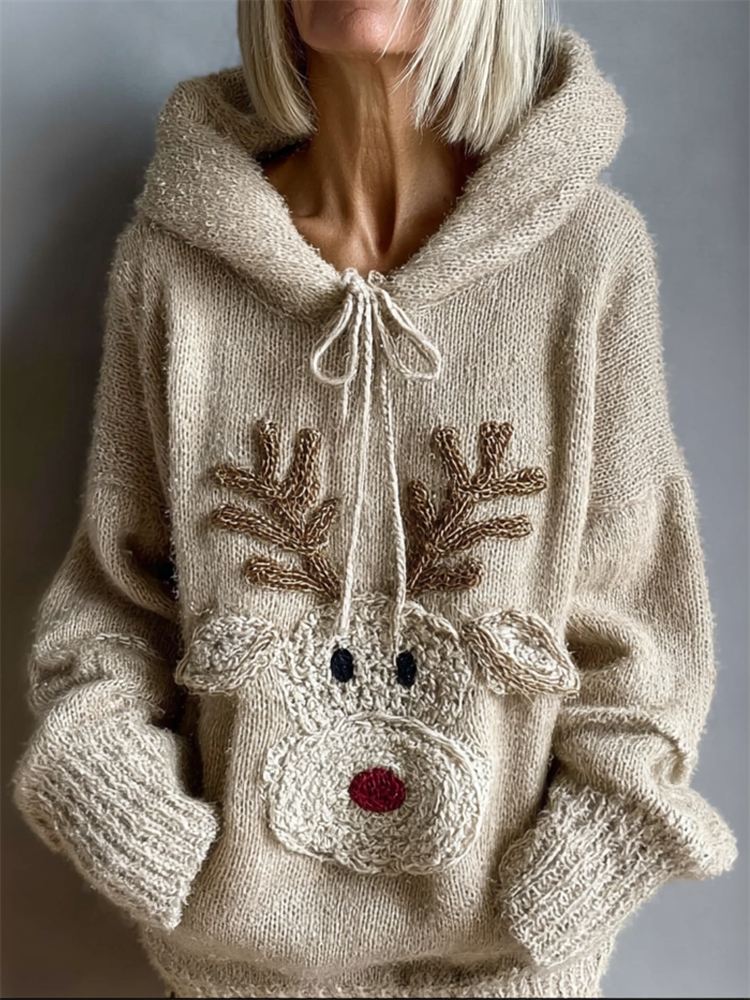 Lovely Reindeer Face Cozy Fuzzy Knit Hooded Sweater