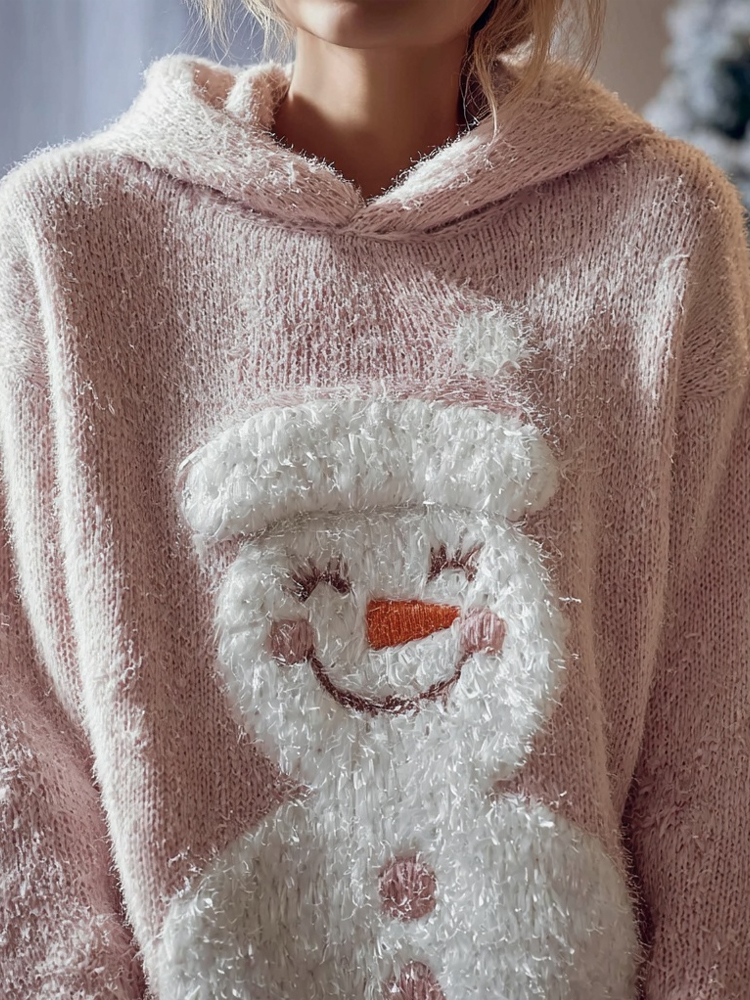 Cute Fuzzy Snowman Embroidered Cozy Hooded Sweater
