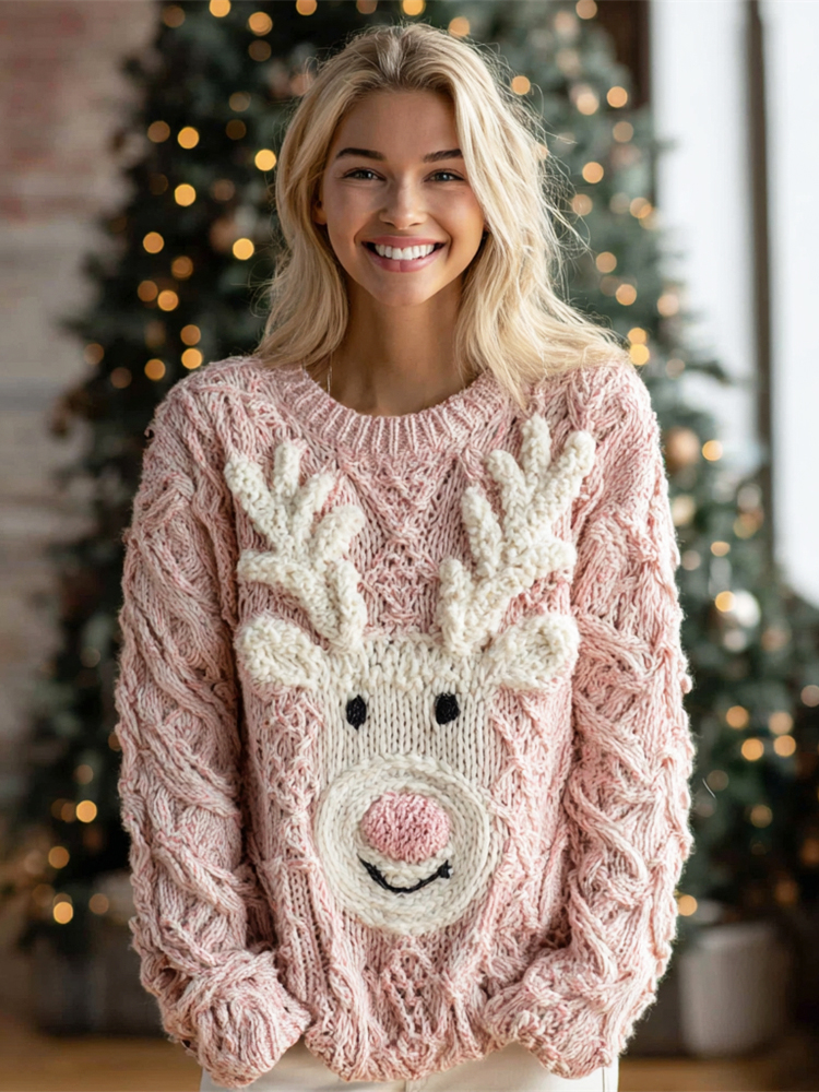 Christmas Cute Moose Face Knit Art Women's Crew Neck Sweater