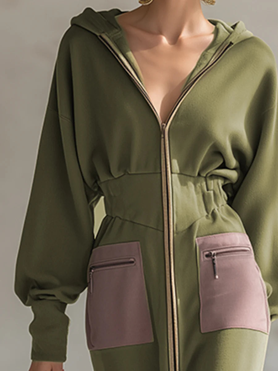 Elegant Olive Green Hooded Zip-Up Dress