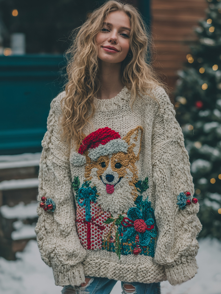 Vintage Cozy Cute Corgi Christmas Chunky Knit Sweater