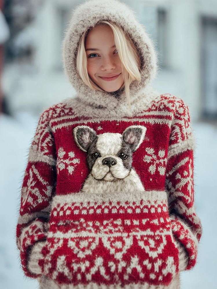 Vintage Christmas Boston Terrier Dog Hooded Isle Sweater