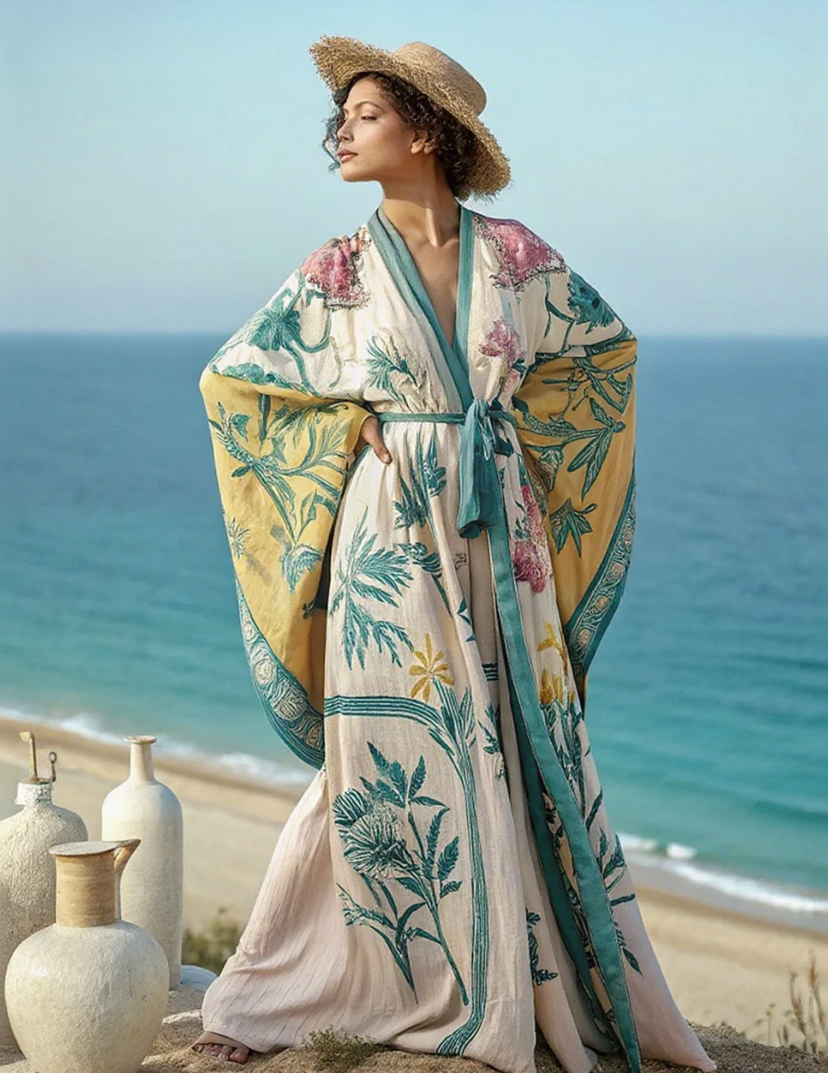 Artistic floral seaside resort pattern kimono robe (with belt)
