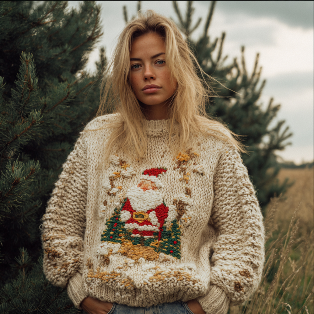 Women's Santa Claus Embroidered Vintage Round Neck Sweater