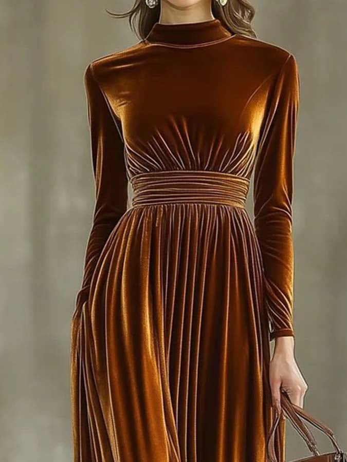 Women'S Retro Solid Color Stand Collar Dress