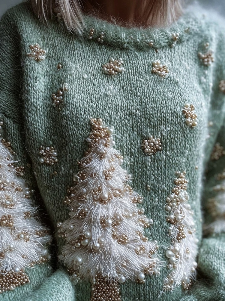 Vintage Pine Trees Embroidered Green Cozy Sweater