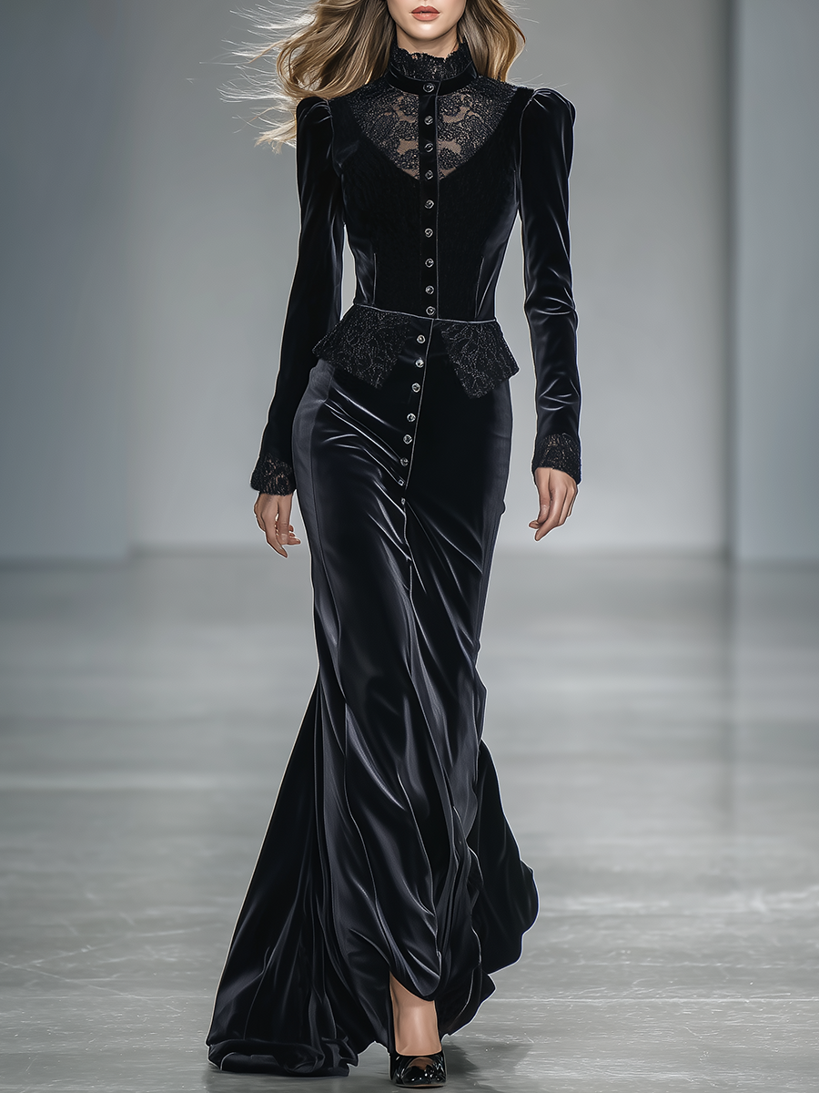 Sexy And Elegant Lace-trimmed Velvet Maxi Dress