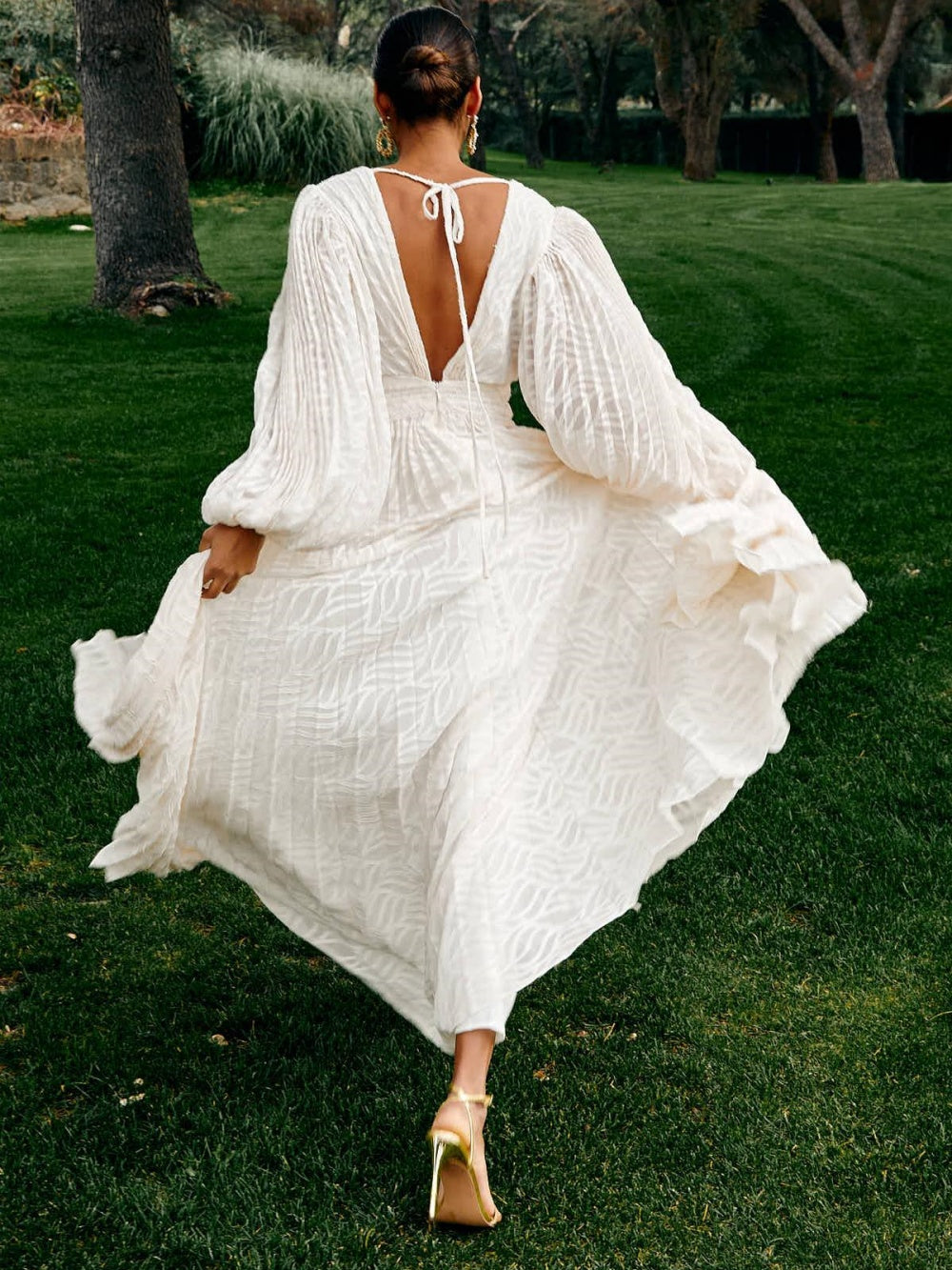 Lantern Long Sleeve V Neck Maxi Dress