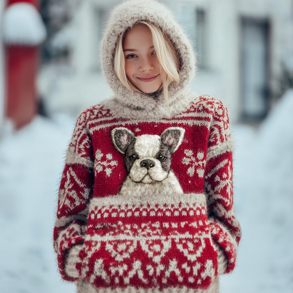 Vintage Christmas Boston Terrier Dog Hooded Isle Sweater