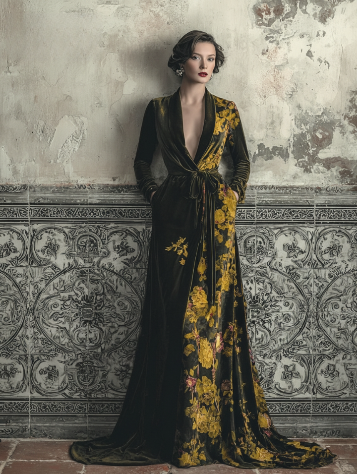 Women's Vintage Ornate Slim Fit Green Velvet Robe (belt Included)