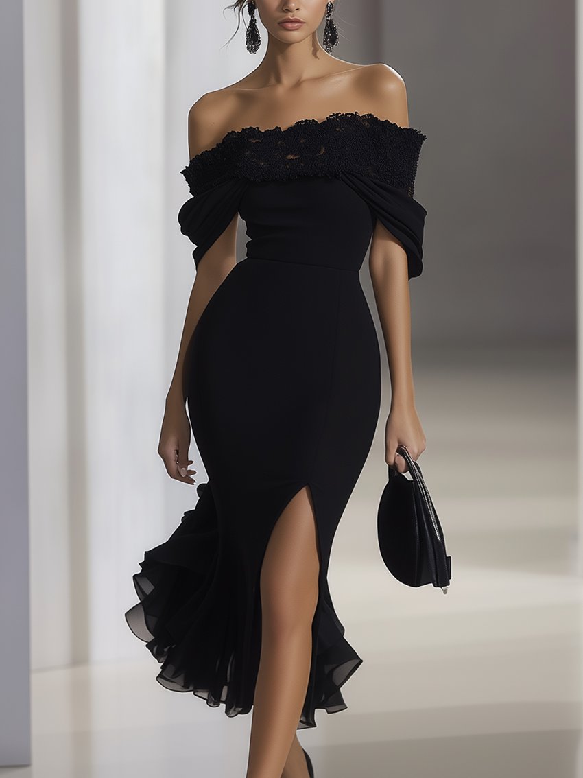 Shipping Off Shoulder Black Chiffon Dress With Lace