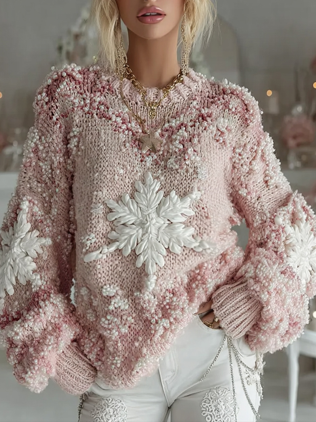 Christmas Pearl Snowflake Crochet Embroidery Knit Sweater