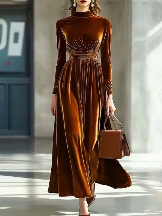 Women'S Retro Solid Color Stand Collar Dress