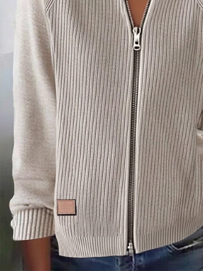 Women'S Autumn And Winter Zipper Long-Sleeved Patchwork Sweater