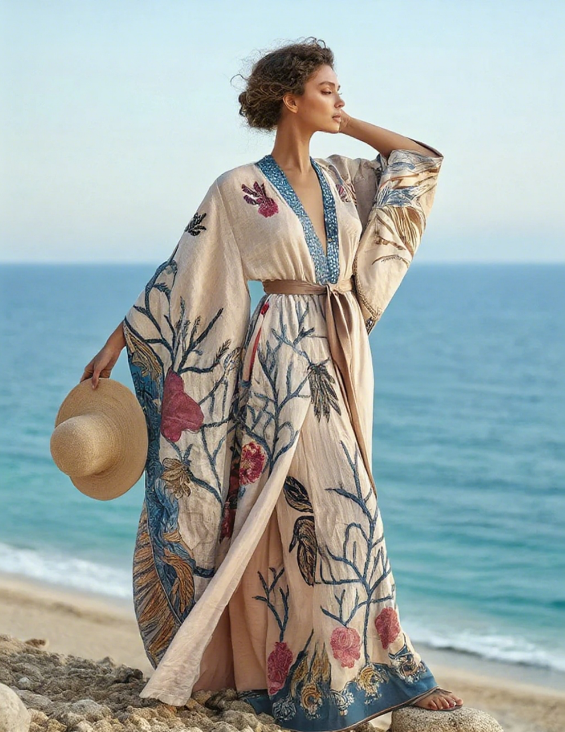 Artistic floral seaside resort pattern kimono robe (with belt)