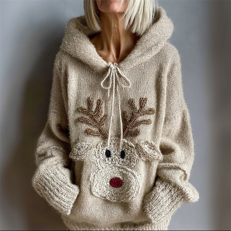 Lovely Reindeer Face Cozy Fuzzy Knit Hooded Sweater