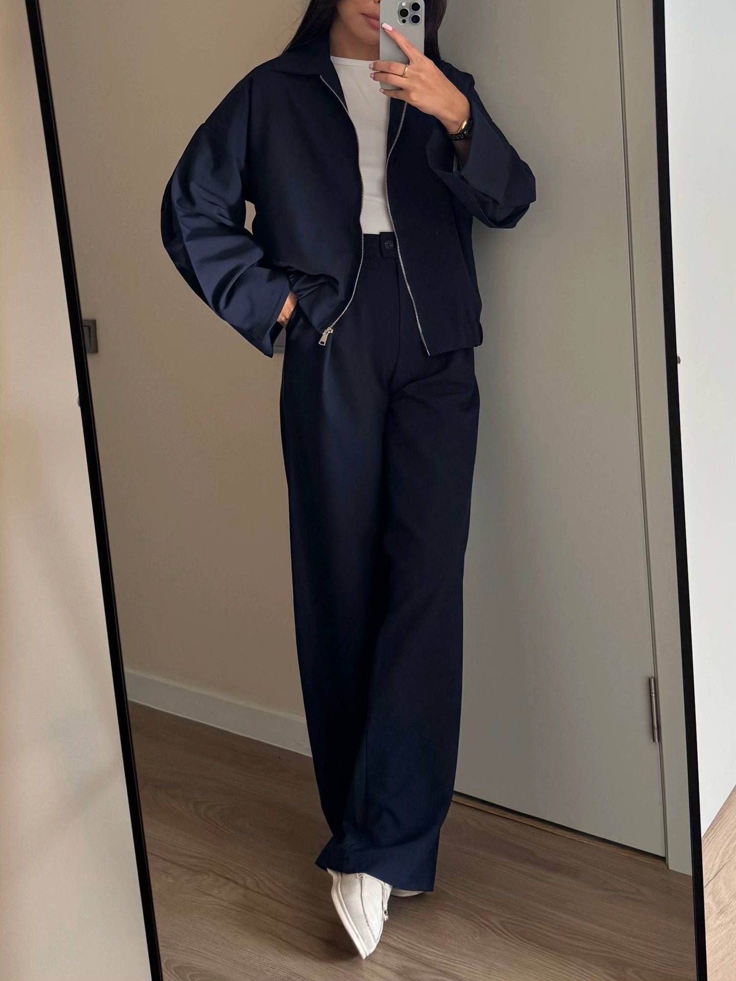 Zippered Jacket And Wide-leg Pants Two-piece Suit