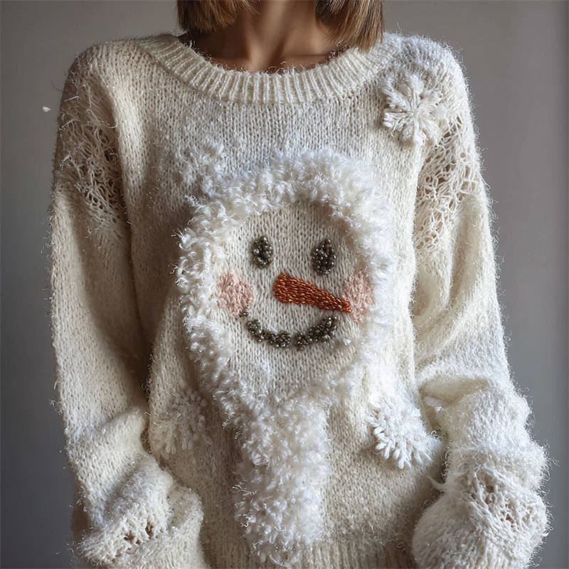 Fuzzy Snowman & Snowflakes Cozy Knit Sweater