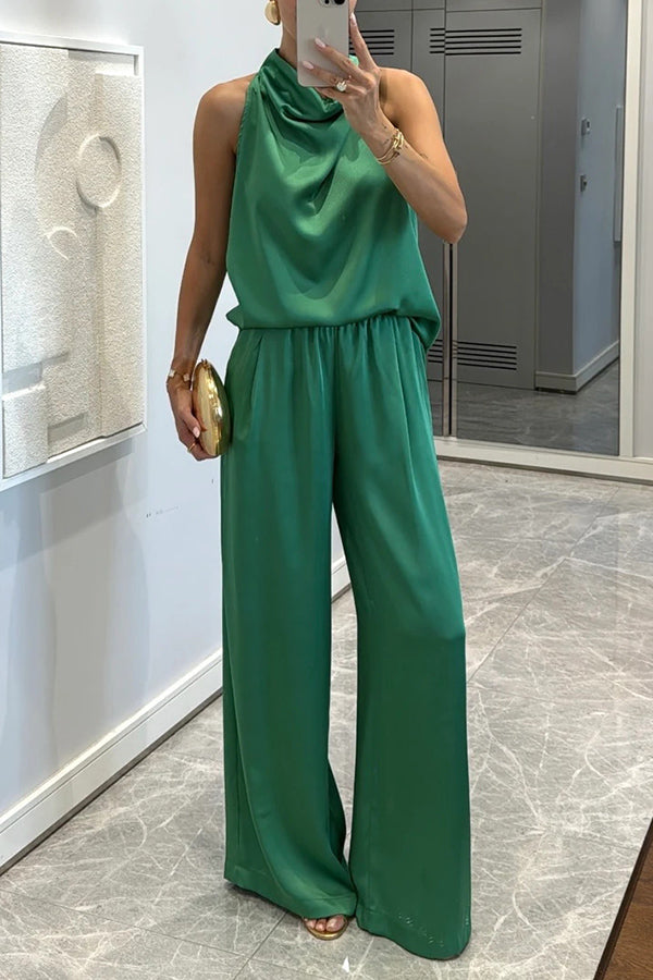 Classic on You Satin High Cowl Neck Top and Elastic Waist Pocket Loose Pants Set