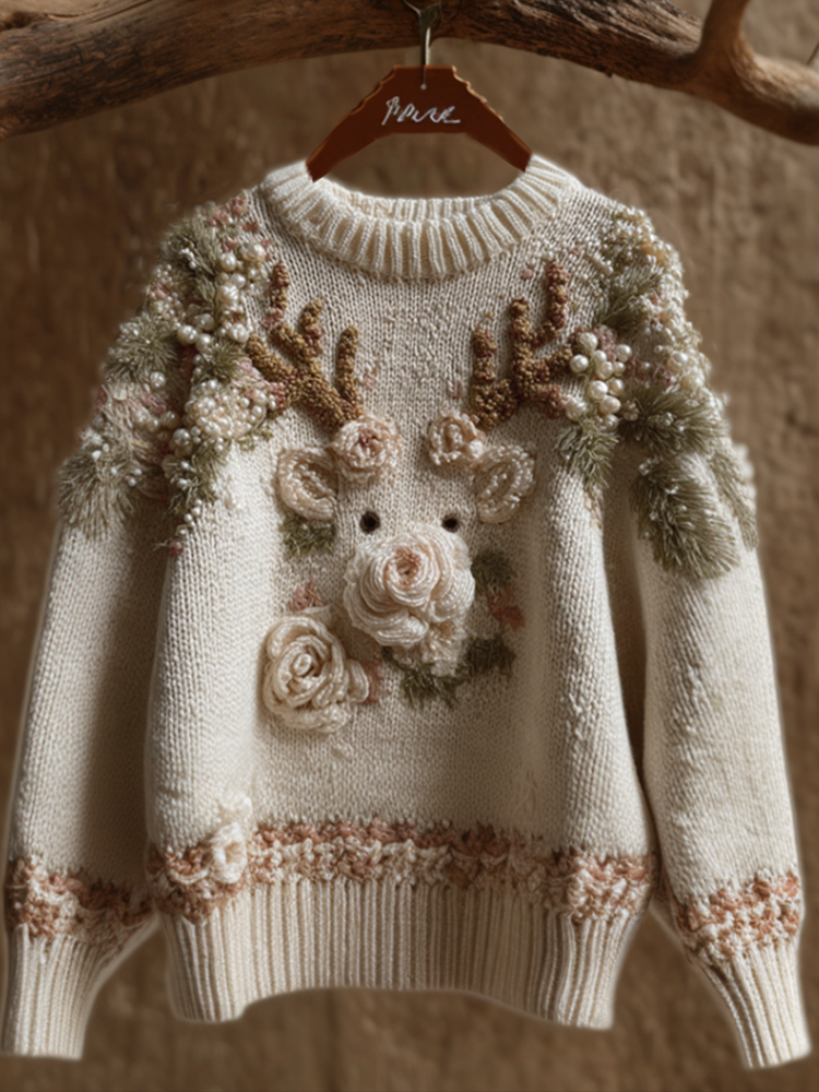 Christmas Reindeer Element Women's Round Neck Knit Sweater