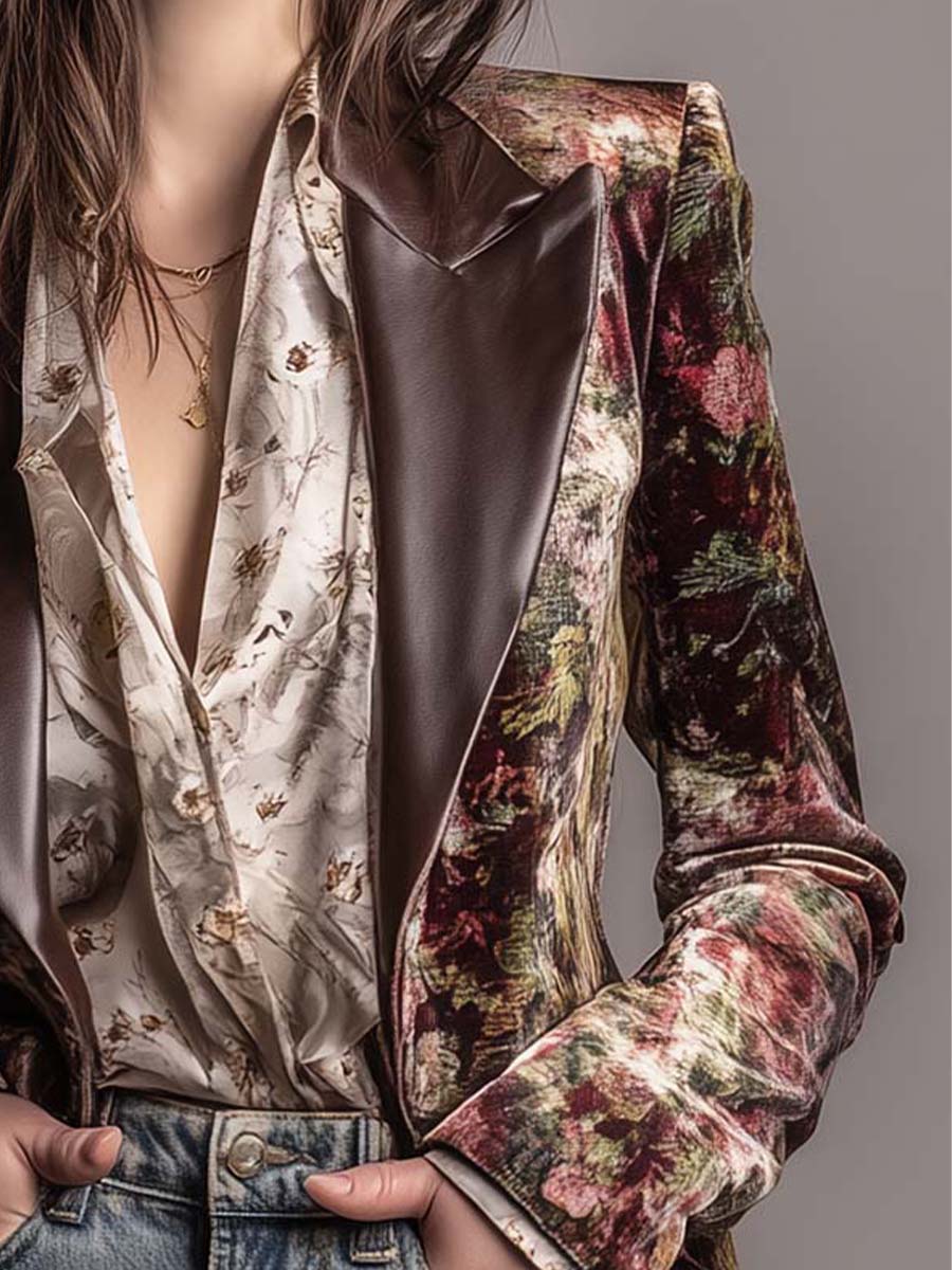 Vintage Floral Velvet Blazer With Leather Lapels
