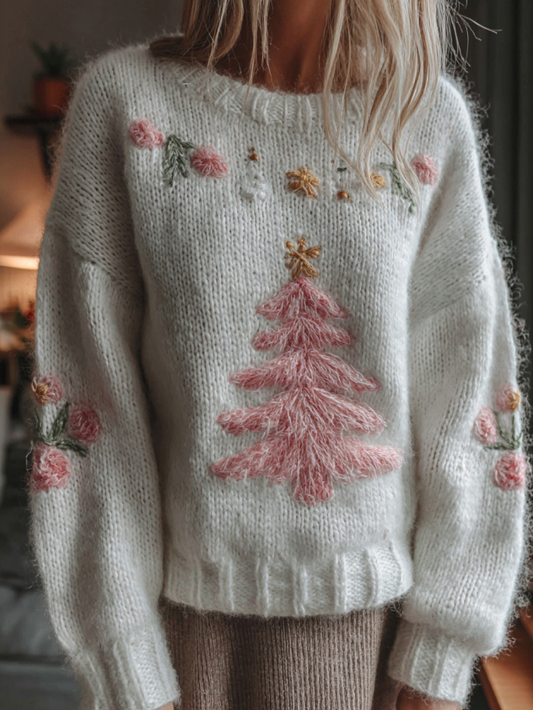 Women's White Christmas Tree & Floral Art Crew Neck Cozy Sweater