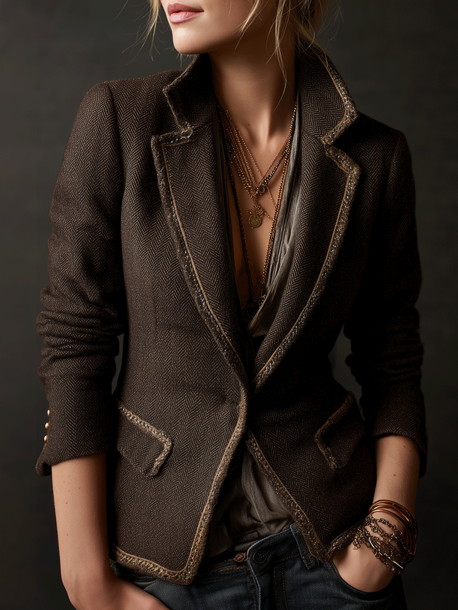 Vintage-Inspired Contrast Edges Chocolate Brown Blazer